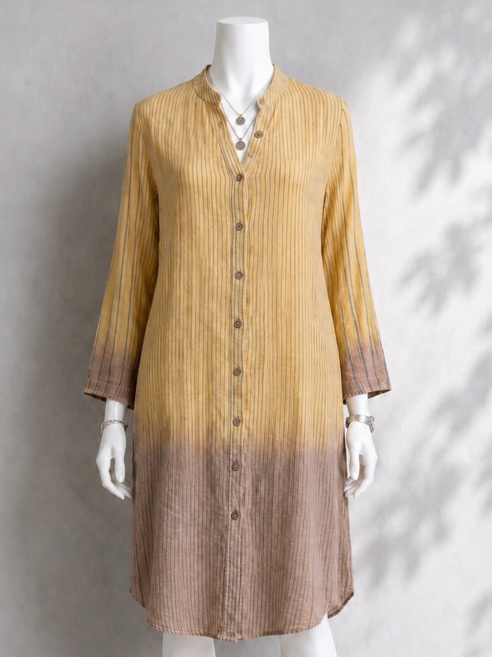 April Cornell Shirt Dress S Yellow Brown Ombre Striped Gauzy Button Cotton Shift